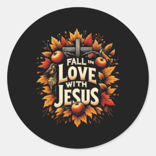 Pegatina Redonda Caer Enamorada De Jesús Autumn Christian Thanksgiv