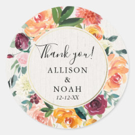 Pegatina Redonda Caer floral acuarela rústico favoritismo burdeos