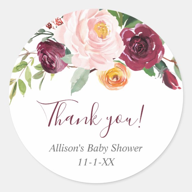 Pegatina Redonda Caer floral rubor rosa borgoña favor gracias (Anverso)