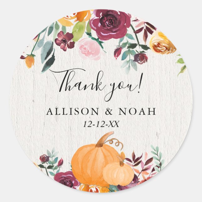 Pegatina Redonda Caer floral y calabazas acuarela favor (Anverso)