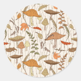 Pegatina Redonda Caer hongos y hojas - patrón sin fisuras.