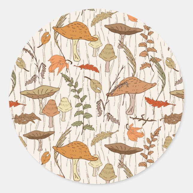 Pegatina Redonda Caer hongos y hojas - patrón sin fisuras. (Anverso)