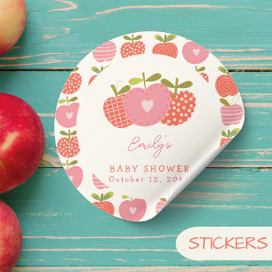 Pegatina Redonda Caer Tema Apple Whimsical Baby Shower Pink Red