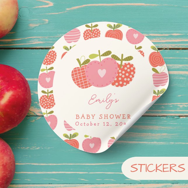 Pegatina Redonda Caer Tema Apple Whimsical Baby Shower Pink Red (Subido por el creador)