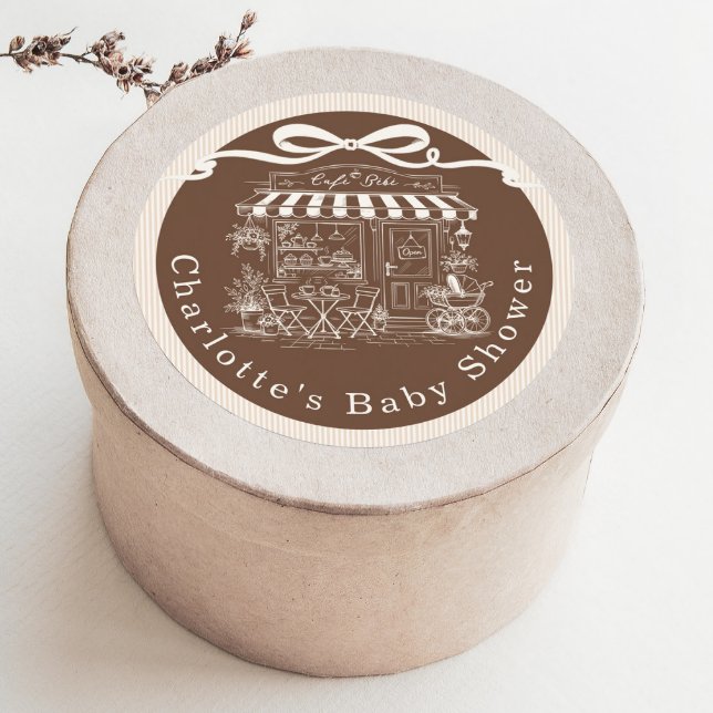 Pegatina Redonda Cafe Bebe Brown Stripes Parisian theme Baby Shower (Subido por el creador)