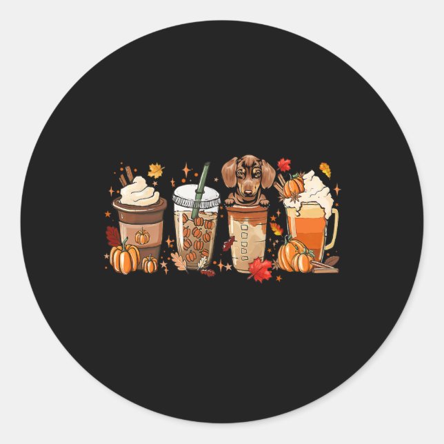 Pegatina Redonda Café Caído Dachshund Cat Halloween Set Para Fal (Anverso)