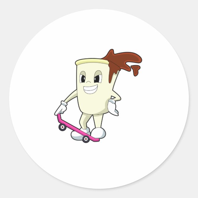 Pegatina Redonda Café como patinador con patineta (Anverso)