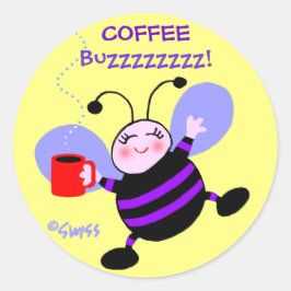 Pegatina Redonda Café Cute Caffeine Buzz Ocupado Bee Purple Stripes