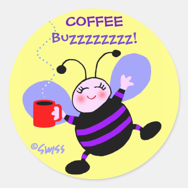 Pegatina Redonda Café Cute Caffeine Buzz Ocupado Bee Purple Stripes (Anverso)