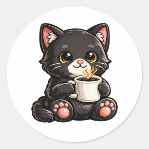 Pegatina Redonda Café de Gato Negro Adorable – Ilustración Kawaii A