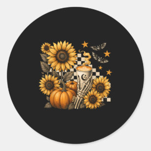 Pegatina Redonda Café Esqueleto de Halloween, Girasoles de Calabaza