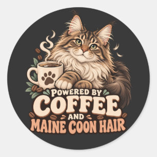 Pegatina Redonda Café Humor Gato Maine Coon Crema Arte Retro