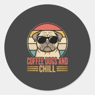 Pegatina Redonda Café Perros y Pug Retro Chill