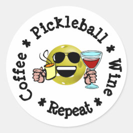 Pegatina Redonda Café, Pickleball, Vino, repite adicto al pellebol