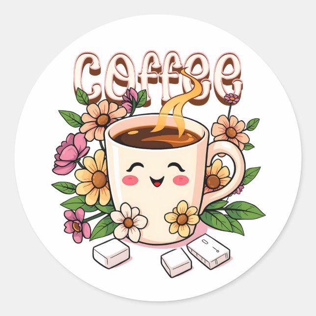 Pegatina Redonda Café y flores de Kawaii (Anverso)