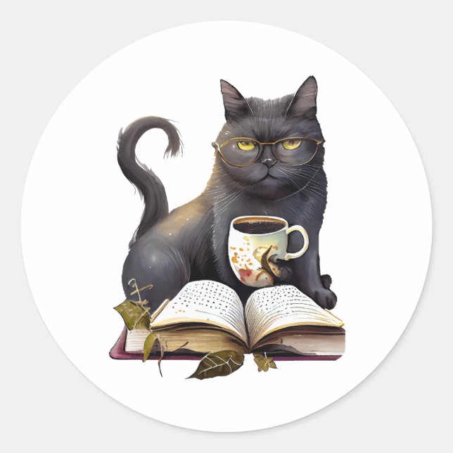Pegatina Redonda café y libro de lectura para gatos negros (Anverso)