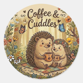 Pegatina Redonda Café y Mimos Pareja de Erizo Adorable Conjunta