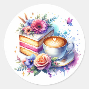 Pegatina Redonda Café y pastel   Cumpleaños del mejor amigo