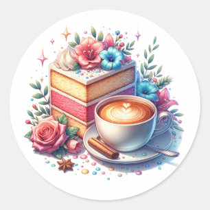 Pegatina Redonda Café y pastel de cumpleaños