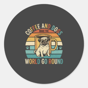 Pegatina Redonda Café y Perros Amante Retro Pug