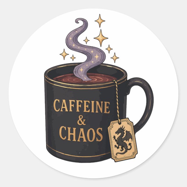 Pegatina Redonda Cafeína y Caos (Anverso)
