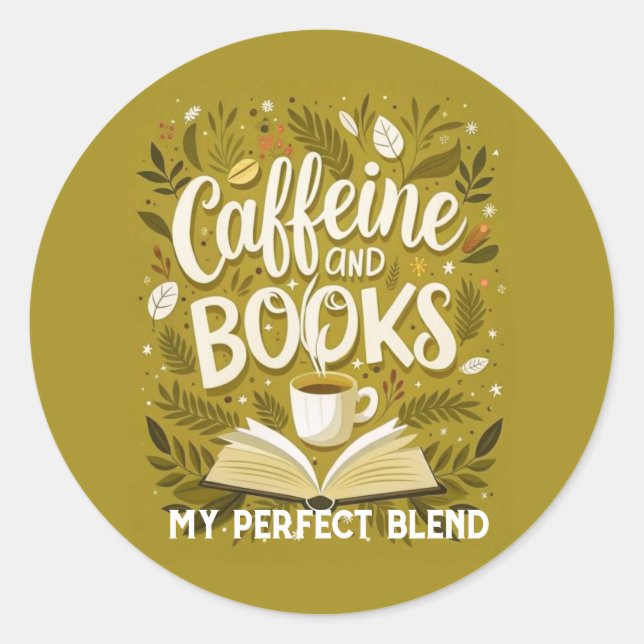 Pegatina Redonda Cafeína y libros: mi mezcla perfecta, caligrafía (Anverso)