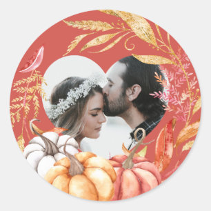 Pegatina Redonda Caída Boda Calabaza Forma de corazón Foto Cálido R