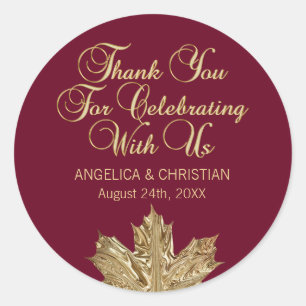 Pegatina Redonda Caída Burgundy Gold Maple Leaf Gracias Boda