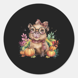 Pegatina Redonda Caída Calabaza Cute Capybyra Caída Otoño Thanksgiv