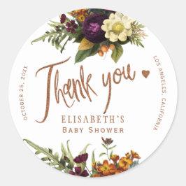 Pegatina Redonda Caída del otoño, cobre floral ducha bebé, gracias
