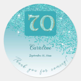 Pegatina Redonda Caída del Purpurina Azul Verde azulado, 70 cumplea