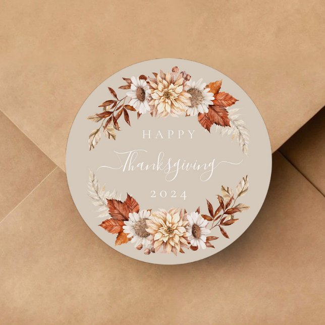 Pegatina Redonda Caída del Taupe Rústico deja feliz Día de Acción d (Rustic Taupe Fall Leaves Happy Thanksgiving Classic Round Sticker)
