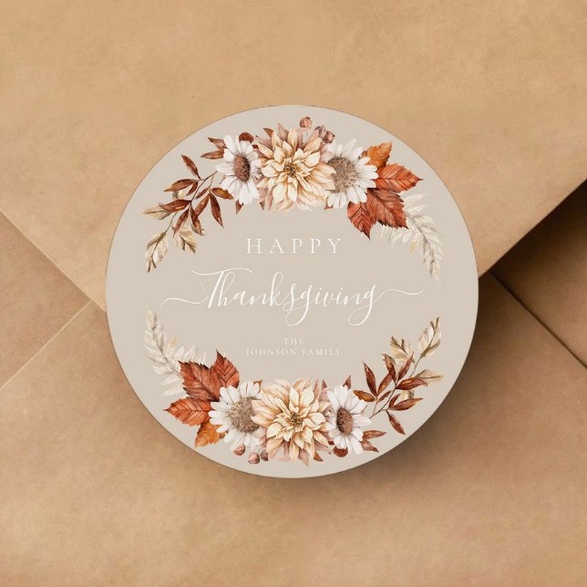 Pegatina Redonda Caída del Taupe Rústico deja feliz Día de Acción d (Rustic Taupe Fall Leaves Happy Thanksgiving Classic Round Sticker)