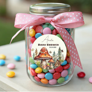 Pegatina Redonda Caída en Baby Shower del hongo rústico del bosque 