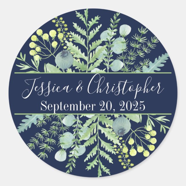 Pegatina Redonda Caída Eucalyptus Berry Floral Wedding Stickers Nav (Anverso)