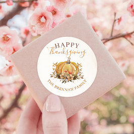 Pegatina Redonda Caída Floral Calabaza Acción de Gracias