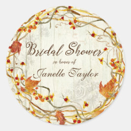 Pegatina Redonda Caída Rojo Foliage Wreath Rústico Bridal Ducha