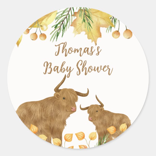 Pegatina Redonda Caída Rustic Boho Highland Cow Baby Shower (Anverso)