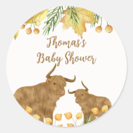 Pegatina Redonda Caída Rustic Boho Highland Cow Baby Shower