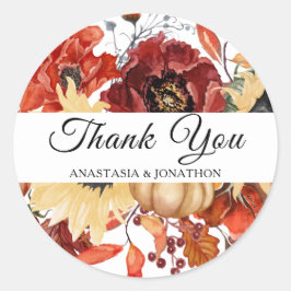 Pegatina Redonda Caída Rústica Boda de calabaza floral de girasol