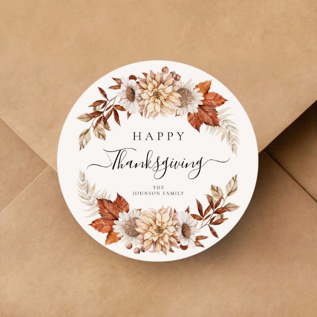 Pegatina Redonda Caída Rústica deja feliz Día de Acción de Gracias (Rustic Fall Leaves Happy Thanksgiving Classic Round Sticker)