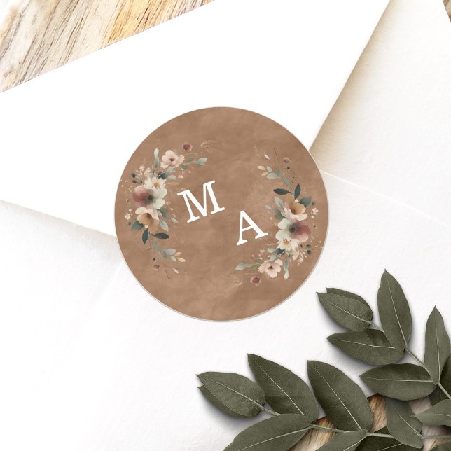 Pegatina Redonda Caída Terracotta Boda de guirnalda floral Monogram (Seal your wedding details with love using our custom monogram stickers, tailored for elegance.)