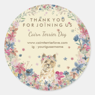 Pegatina Redonda Cairn Terrier Watercolor Floral Crown Cuwn