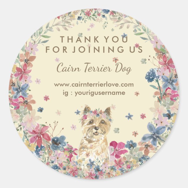 Pegatina Redonda Cairn Terrier Watercolor Floral Crown Cuwn (Anverso)