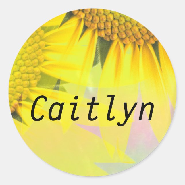 Pegatina Redonda Caitlyn Rainbow Sunflowers Nombre Stickers (Anverso)