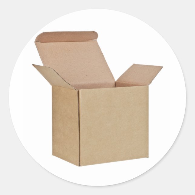 Pegatina Redonda Caja de cartón abierta (Anverso)