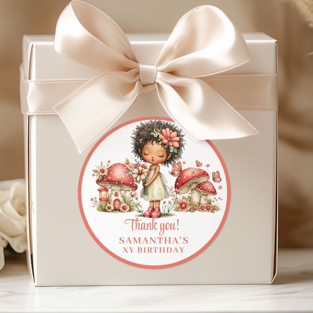 Pegatina Redonda Caja de Favores Floral Rosa para Cumpleaños de Had (Cute Fairy 1st Birthday Pink Floral Favor Box Stickers)