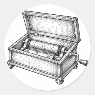 Pegatina Redonda Caja de música victoriana grabado vintage antigüed