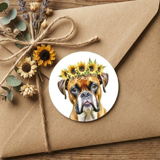 Pegatina Redonda Caja de Perro Boxer Acuarela Corona Floral de Gira