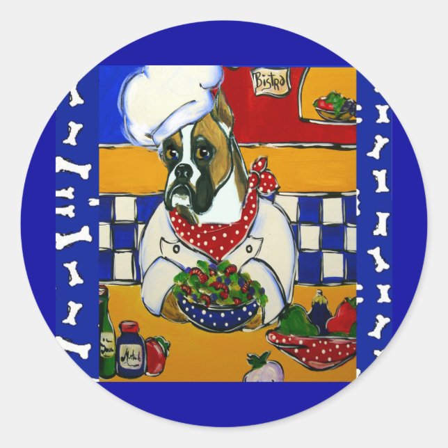 Pegatina Redonda Caja de Perro Chef (Anverso)